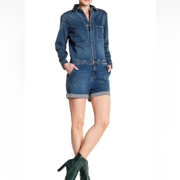 Nanette Lapore Denim Jean Long Sleeved Romper Size XS Cut Off Style Shorts - Picture 1 of 6